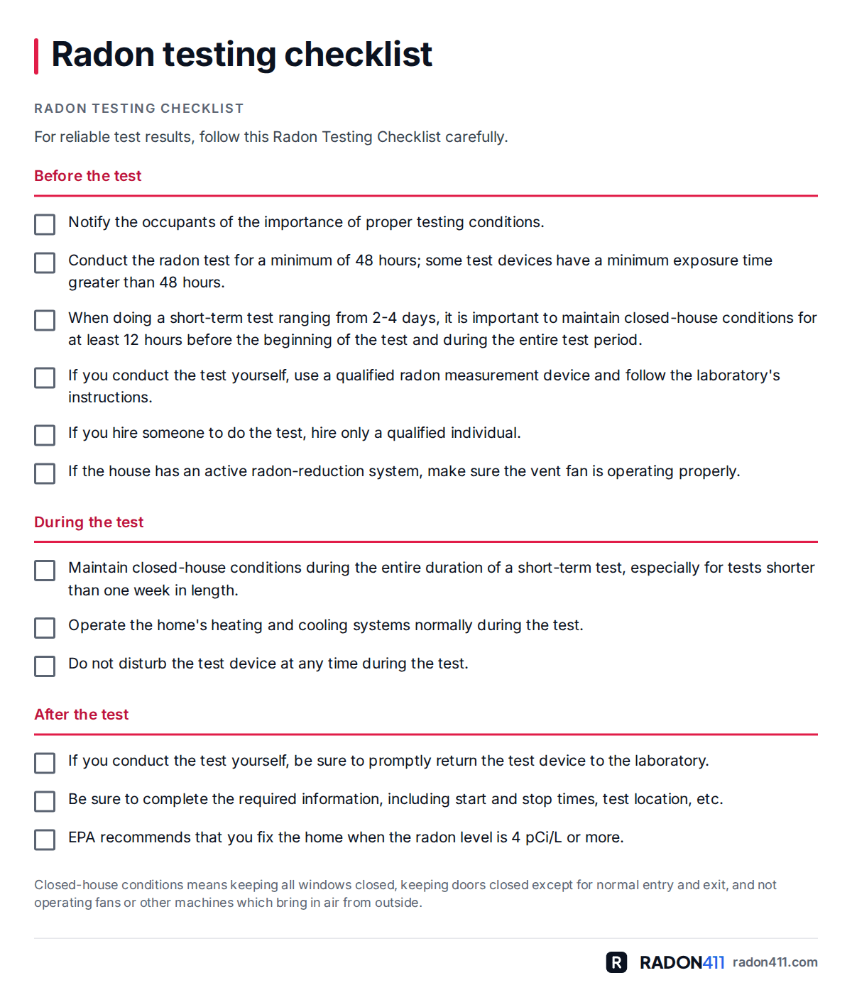EPA's radon testing checklist with boxes to tick: before the test, during the test and after the test, including a minimum of 48 hours and closed-house conditions.
