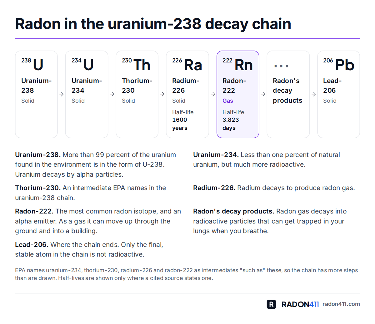 Decay chain from uranium-238 through uranium-234, thorium-230 and radium-226 to radon-222, radon's decay products and stable lead-206, with radium-226's half-life of 1600 years and radon-222's of 3.823 days.